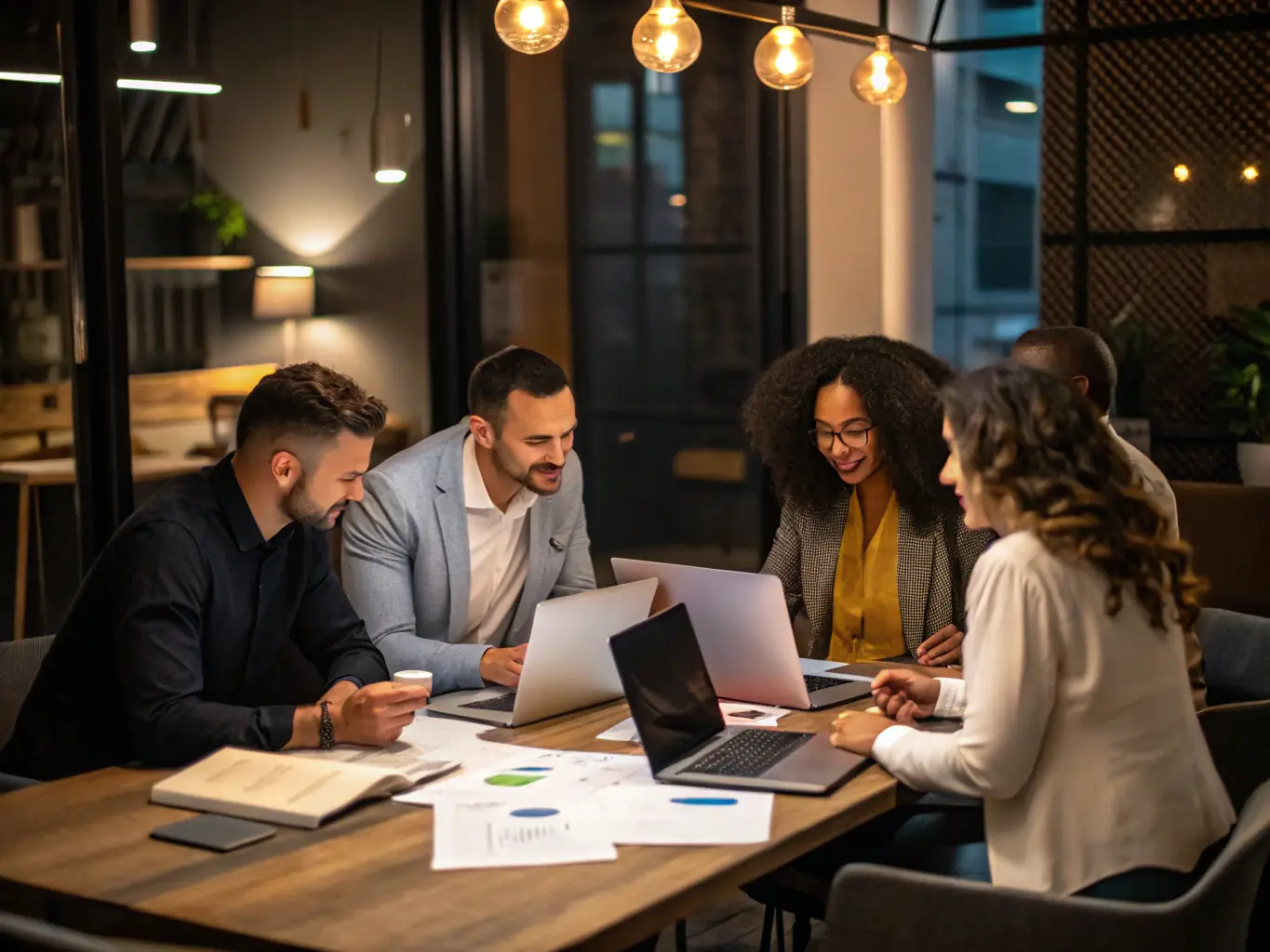 A brightly lit, modern office space with consultants reviewing business growth charts and discussing strategies over digital tablets and documents, symbolizing SS Trade's Business Consulting services.