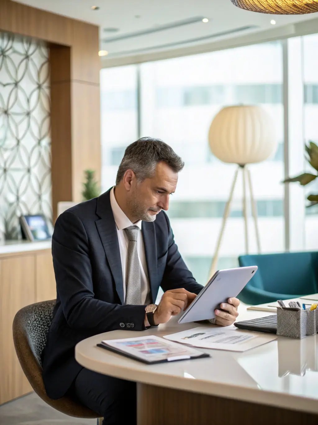 A professional consultant in a modern office, advising a client on business strategies, with charts and data visible on a screen in the background, representing SS Trade's business consulting services.