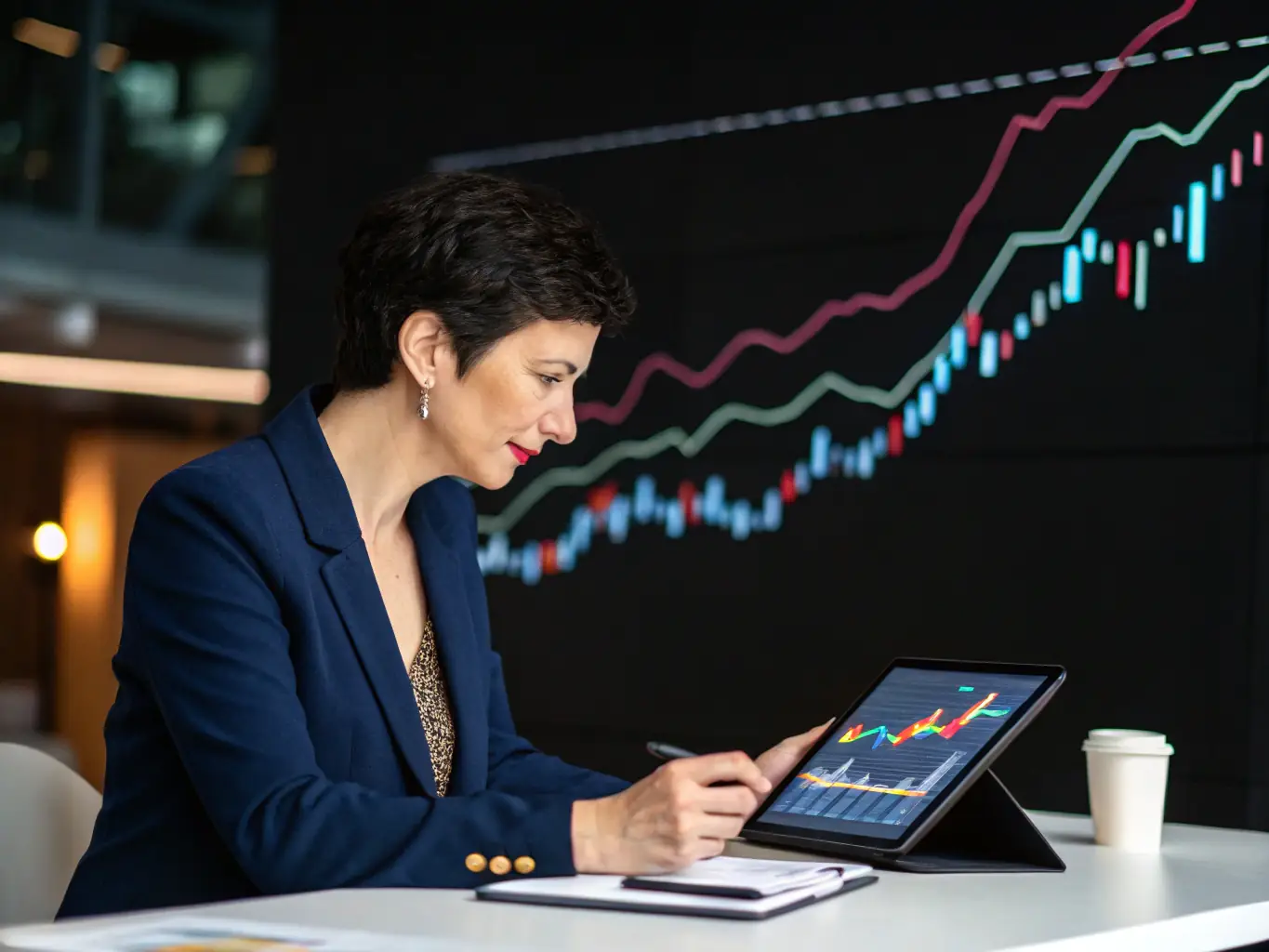 A professional consultant in a modern office setting, advising a client on business strategies, with charts and data visible in the background.