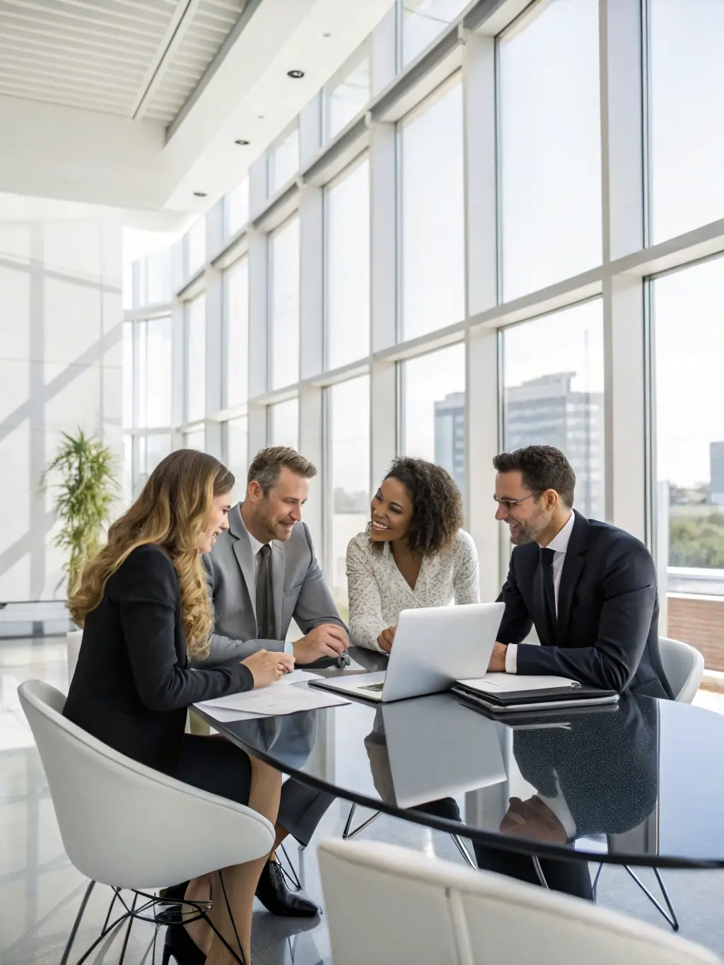 A diverse team of financial advisors analyzing investment portfolios and discussing strategies in a high-tech office environment, symbolizing SS Trade's investment advisory services.