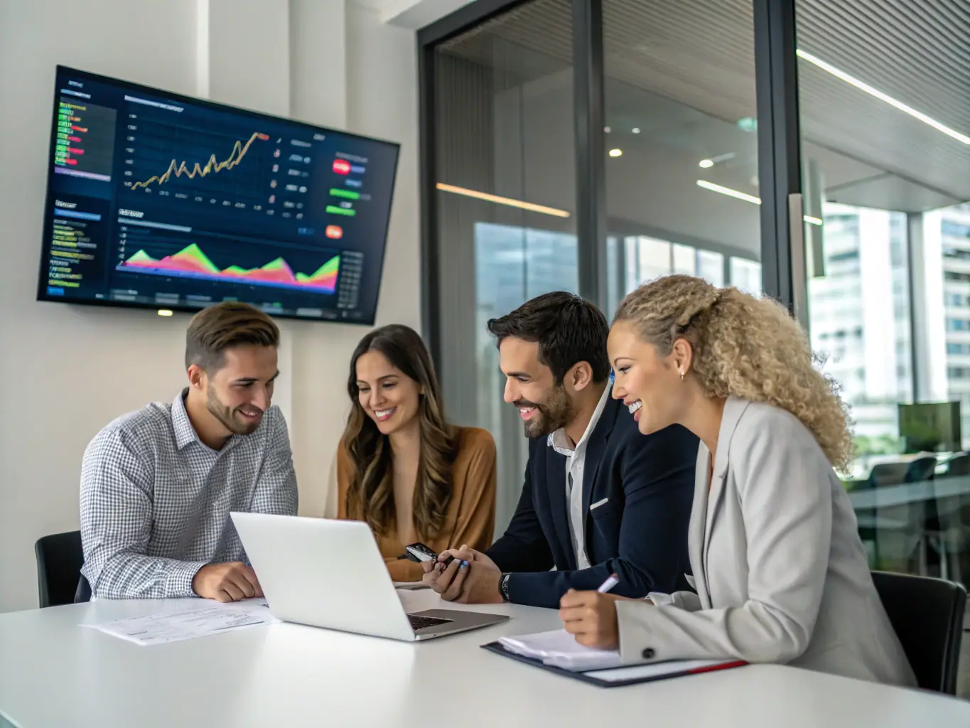 A team of investment advisors analyzing market data and discussing investment strategies in a high-tech office environment.