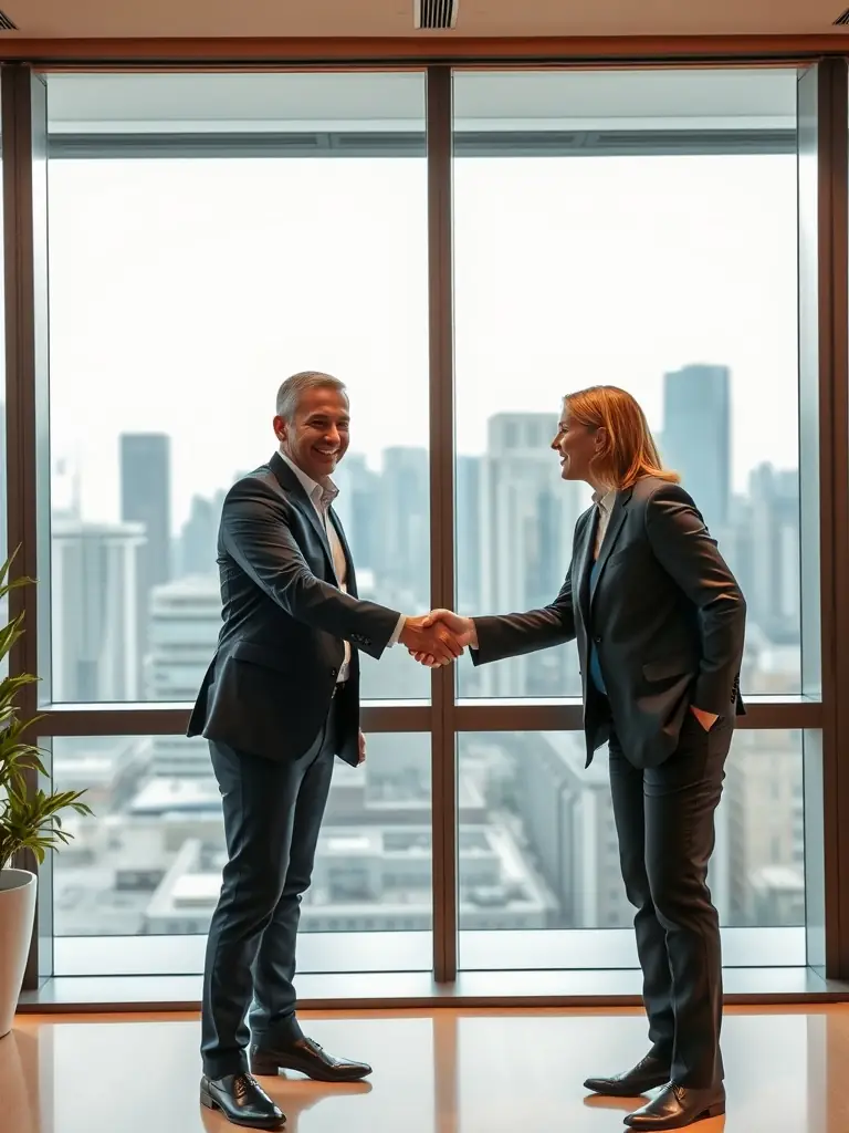 A handshake between two business partners in front of a global map, representing international trade and B2B connections, symbolizing SS Trade's brokerage services.